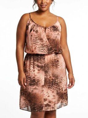 LYS Earthy Abstract Animal Print Wrap Front Cami Asymetrical Midi Dress Size 3X